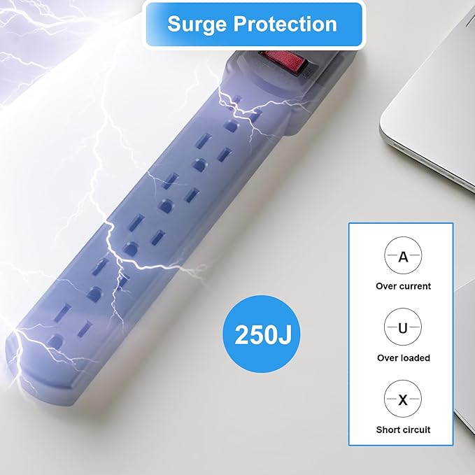 6-Outlet Surge Protector – 250 Joules, 6ft Cord, 1875W Max – Right Angle Plug - Image 5