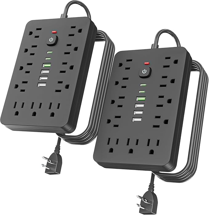 2PCS 5 FT Flat Plug Surge Protector Power Strip, 11 Multiple AC Outlets by Unknown