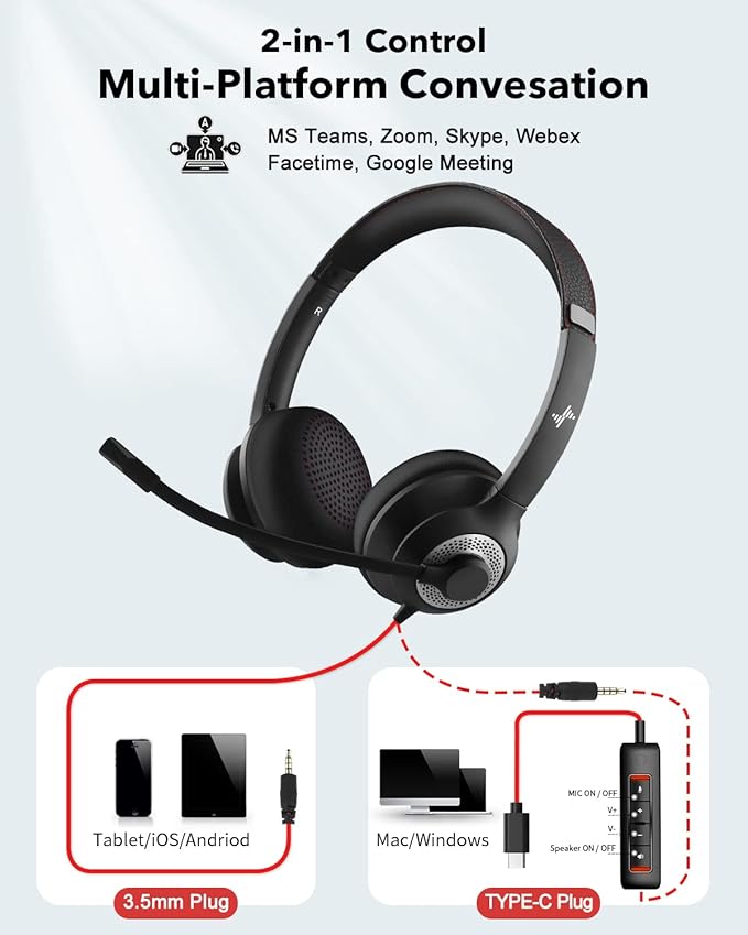 USB Headset with Microphone for PC, On-Ear Computer Laptop Headphones with - Image 5