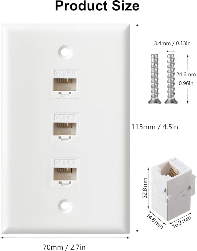 Ethernet Wall Plate, 3 Port Cat6 RJ45 Keystone Inline Coupler Wall Plate - Image 2