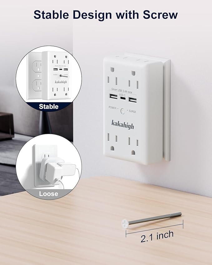 Wall Outlet Extender with Screw, 8 Way Outlets with 1680J Surge Protected - Image 5