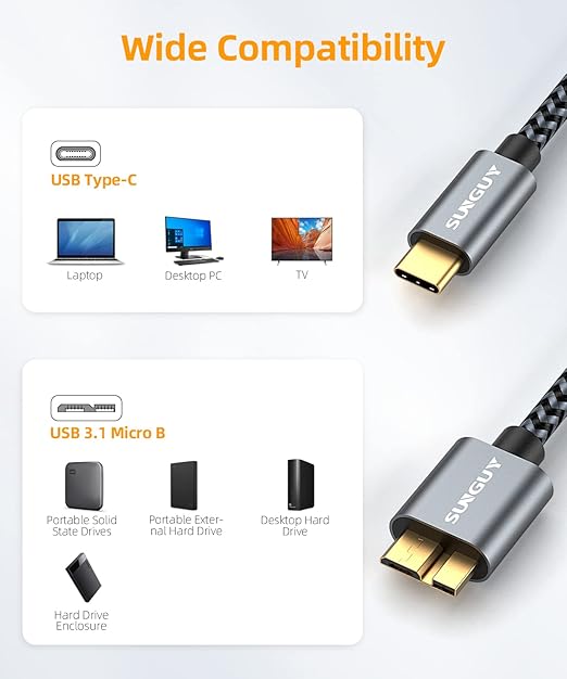 SUNGUY 10Gbps Micro B to USB C Hard Drive Cable 1FT, USB 3.1 USB C to Micro B - Image 3