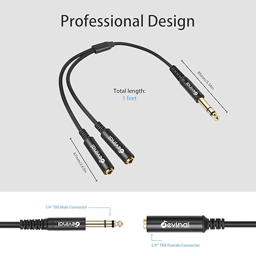 Devinal 1/4 inch TRS Splitter Cable, 6.35mm Stereo Y Cable, 1/4 Male Plug to - Image 5