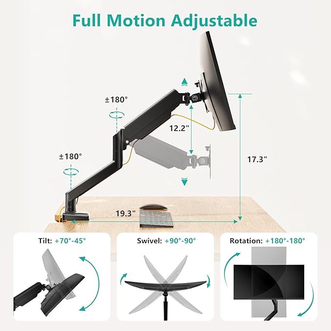 WALI Single Monitor Mount, Gas Spring Monitor Arm - Image 3
