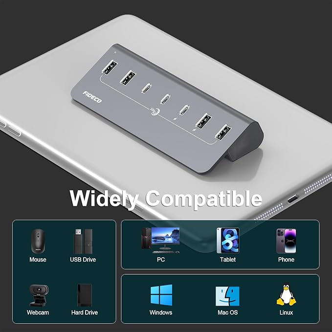 FIDECO Powered USB Hub, 7 Port 10Gbps Fast Data Hub - Image 7