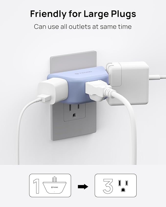 TROND Outlet Extender, 3 Way Angled Wall Plug Splitter, 3-Prong Grounded Outlet - Image 3