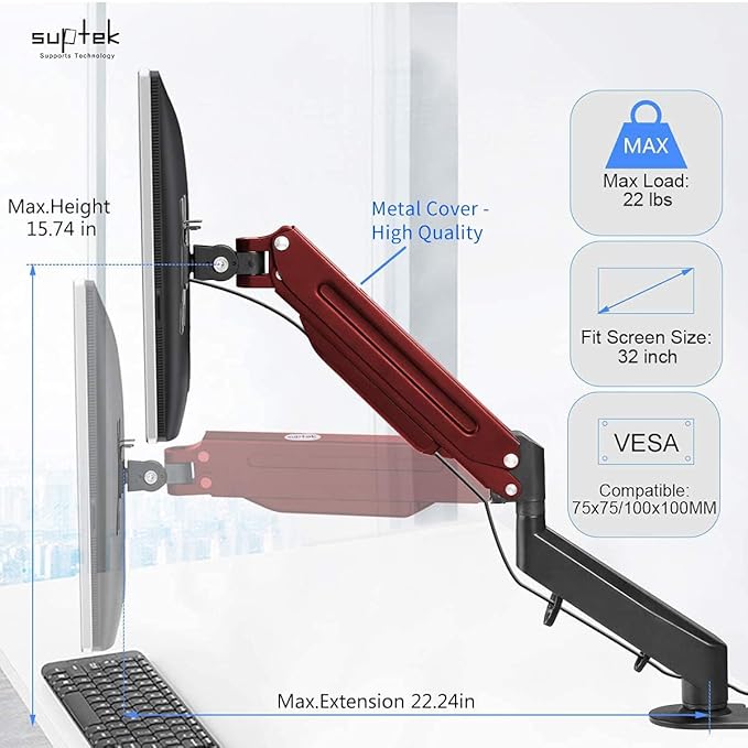 Suptek Monitor Mount Gas Spring Monitor Arm Desk Mount Fully Adjustable Fits 17 - Image 2