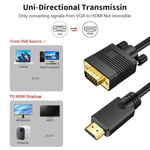 VGA to HDMI Cable 6ft with Audio, VGA Maleto HDMI Male Converter Cord Adapter - Image 5
