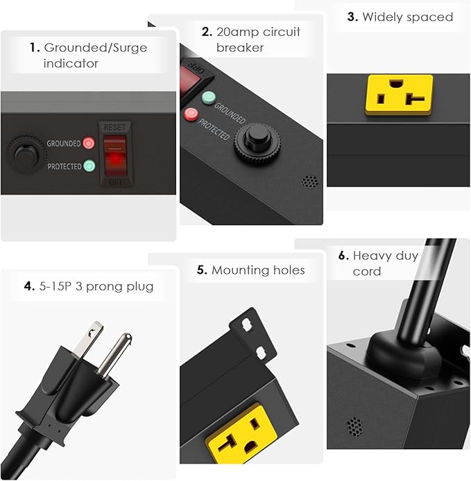 JUNNUJ Long Metal 16 Outlet Power Strip, Wide Spaced Garage Industrial Heavy - Image 5