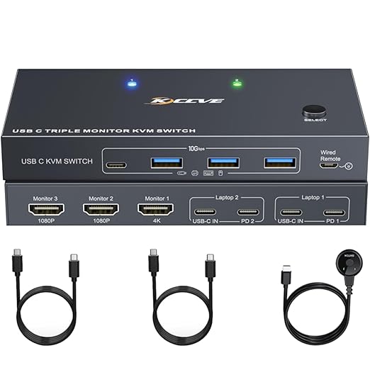USB C KVM Switch 3 Monitors 2 Laptops 4K 1080P@60Hz, USB-C Docking Station by MLEEDA