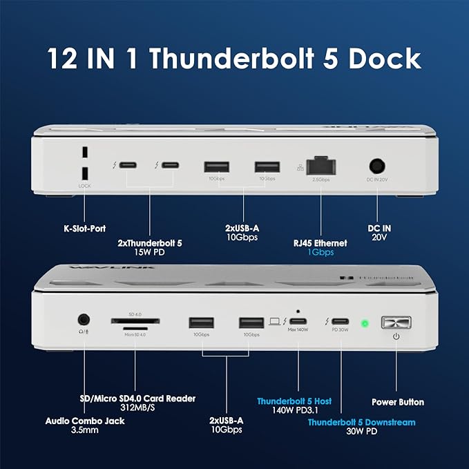 WAVLINK Thunderbolt 5 Docking Station, 12-in-1 Thunderbolt 5 Dock - Image 2