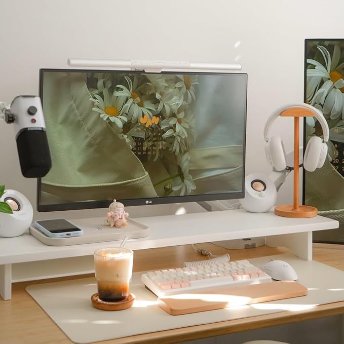 Bamboo Dual Monitor Stand Riser White, 2-Tier Desk Monitor Riser by Rocdeer