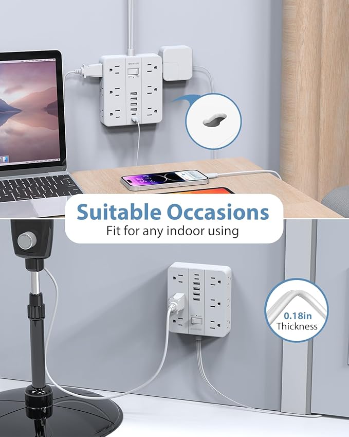 Power Strip Surge Protector 20ft Extension Cord, SMNICE Flat Plug - Image 4