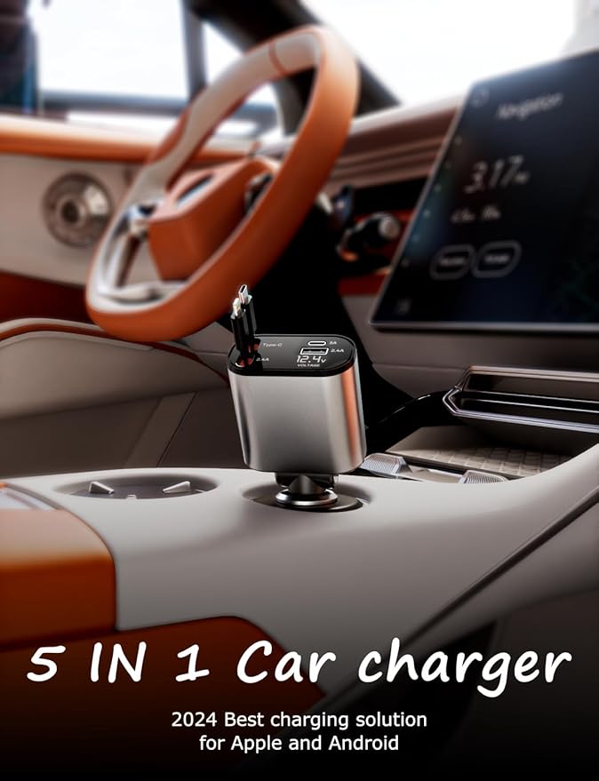 Retractable Car Charger with Dual Retractable Cords, Type-C Cable Fast Charging - Image 2