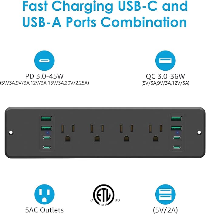 HHSOET 16 in 1 Recessed Power Strip Flat Plug, 45W Fast Charging Furniture - Image 4