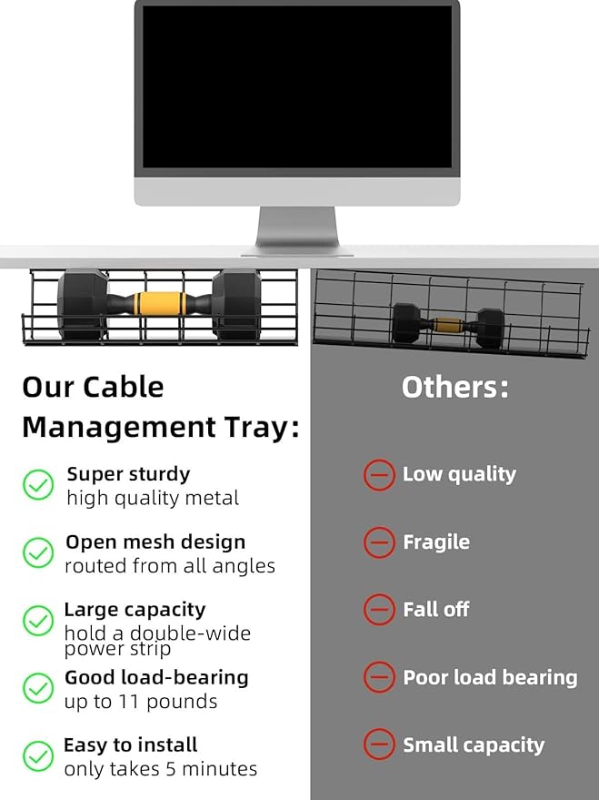 2 Pack DELAMU Under Desk Cable Management Tray, Large Metal Cord Organizer - Image 7