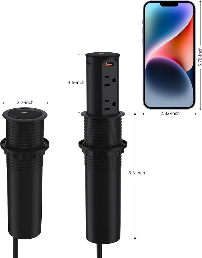 Pop up Outlet for Countertop, 65W USB C Fast Charging Port, 2.5-inch Hole - Image 6