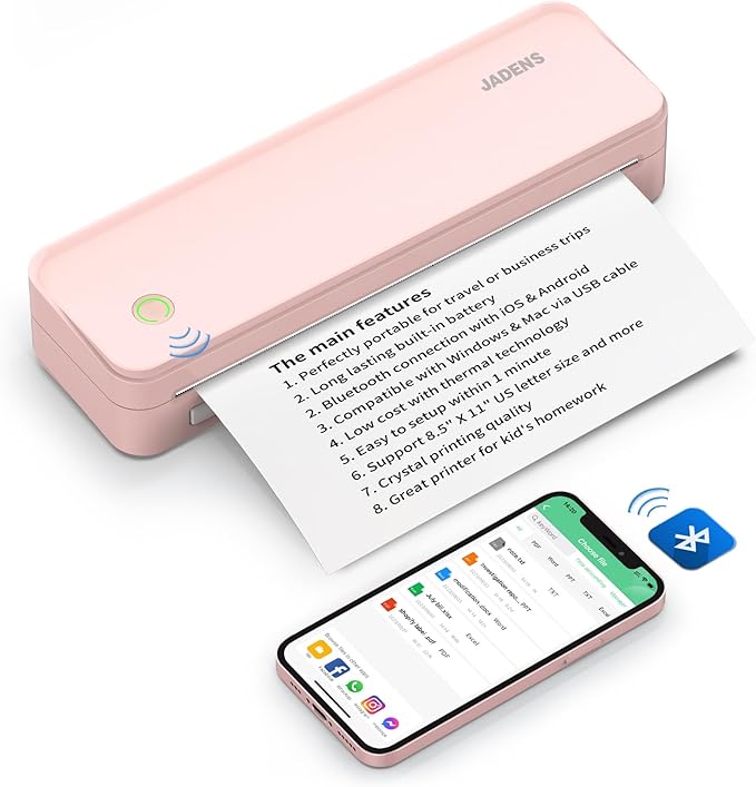 JADENS Pink Bluetooth Thermal Printer, Support 8.5" X 11" US Letter, Portable by JADENS