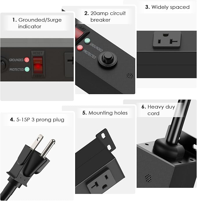 JUNNUJ Long Metal 16 Outlet Power Strip, Wide Spaced Garage Industrial Heavy - Image 6