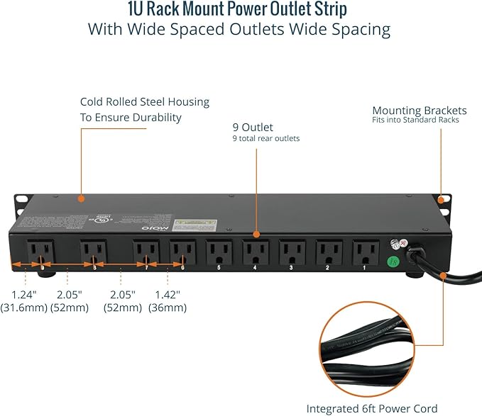 Tecmojo 9-Outlet Rack Mount Power Strip, 1U Horizontal PDU Individual Switch - Image 4
