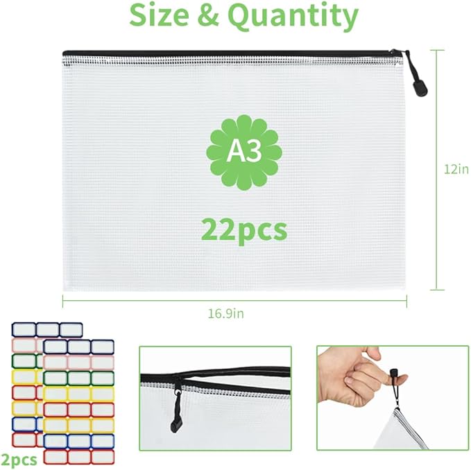 Vuzvuv 22Pcs A3 Size-16.9"x 12" Large Mesh Zipper Pouch - Image 2