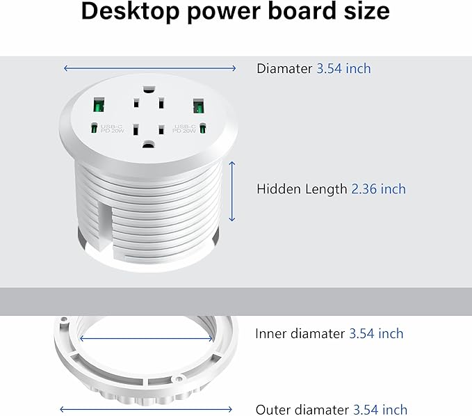 Desktop Power Grommet, 40W Fast Charging Station, 2 AC Outlets, 4 USB Ports - Image 5