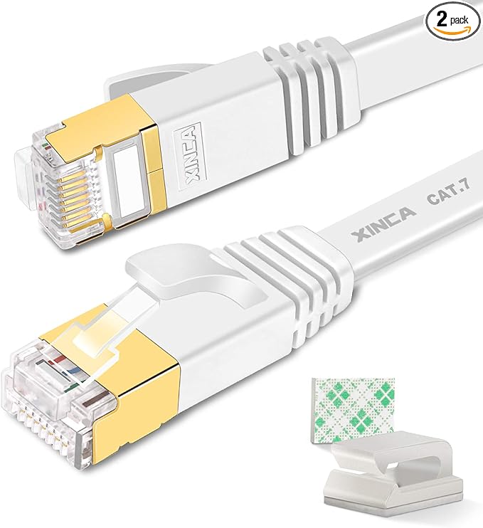 Cat 7 Flat Ethernet Cable 100ft White, High Speed 10GB Shielded LAN Internet by XINCA