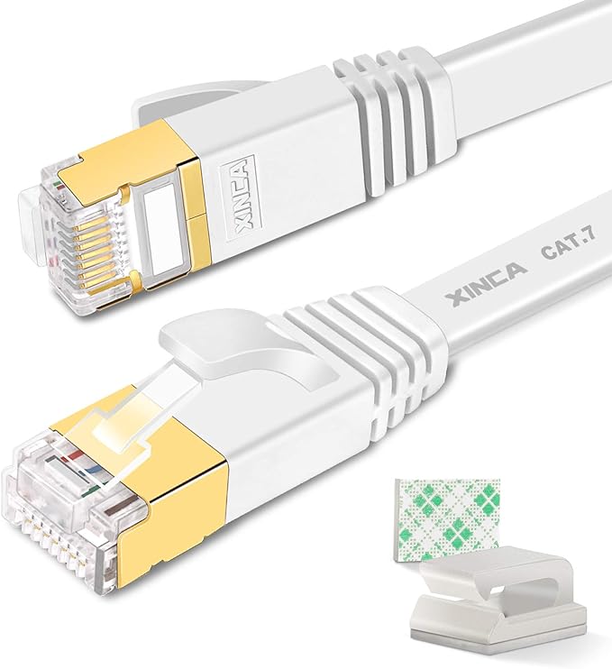 Cat 7 Flat Ethernet Cable 15ft White, High Speed 10GB Shielded LAN Internet by XINCA
