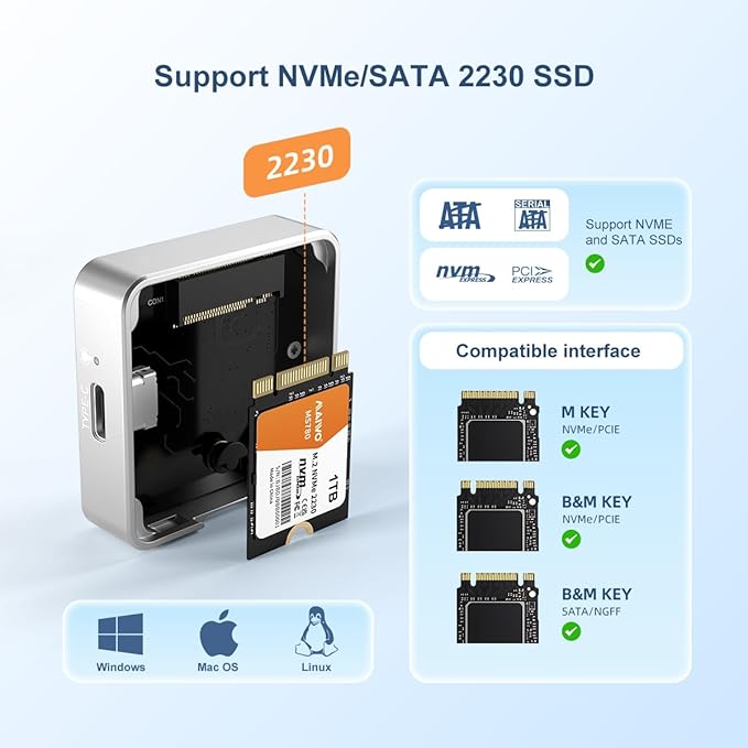 MAIWO USB-C Enclosure for M.2 2230 PCIe NVMe NGFF SATA SSDs, 10Gbps Full Metal - Image 2
