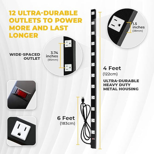 12 Outlets 4 Feet Body Heavy Duty Metal Surge Protector Power Strip - Image 2