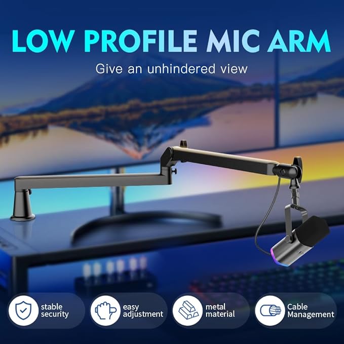 Low Profile Mic Arm 15cm Extra Riser Adjustable Mic Boom Arm Metal Desk Mounted - Image 2