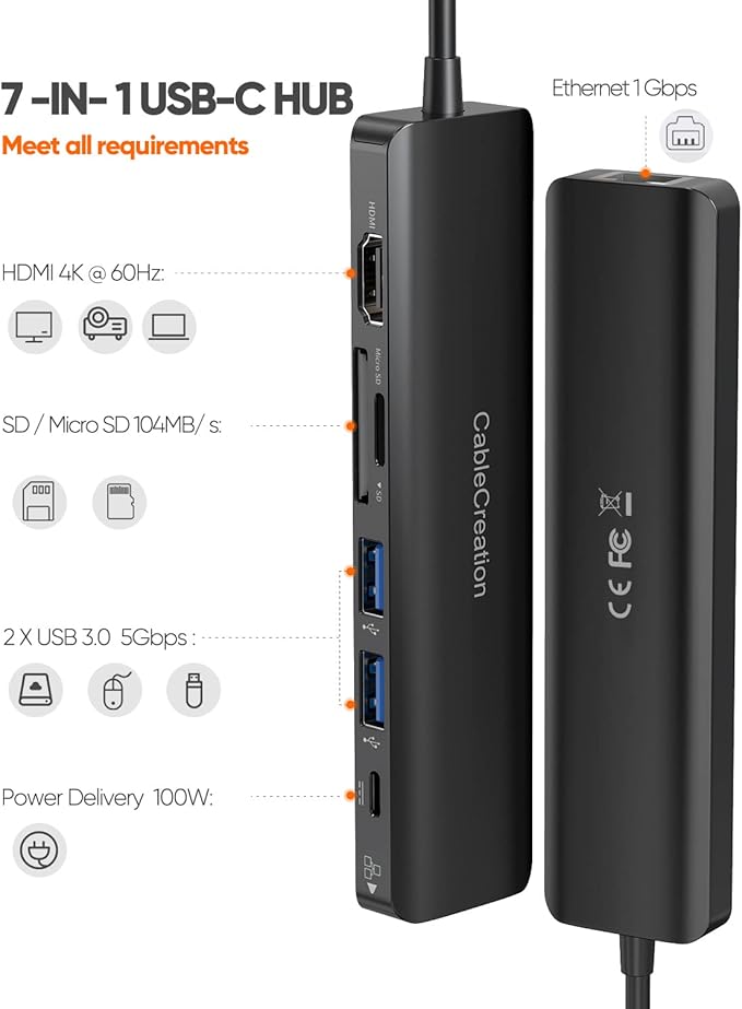 USB C Hub with Ethernet, CableCreation 7 in 1 4k@60Hz HDMI USB C Multiport - Image 2
