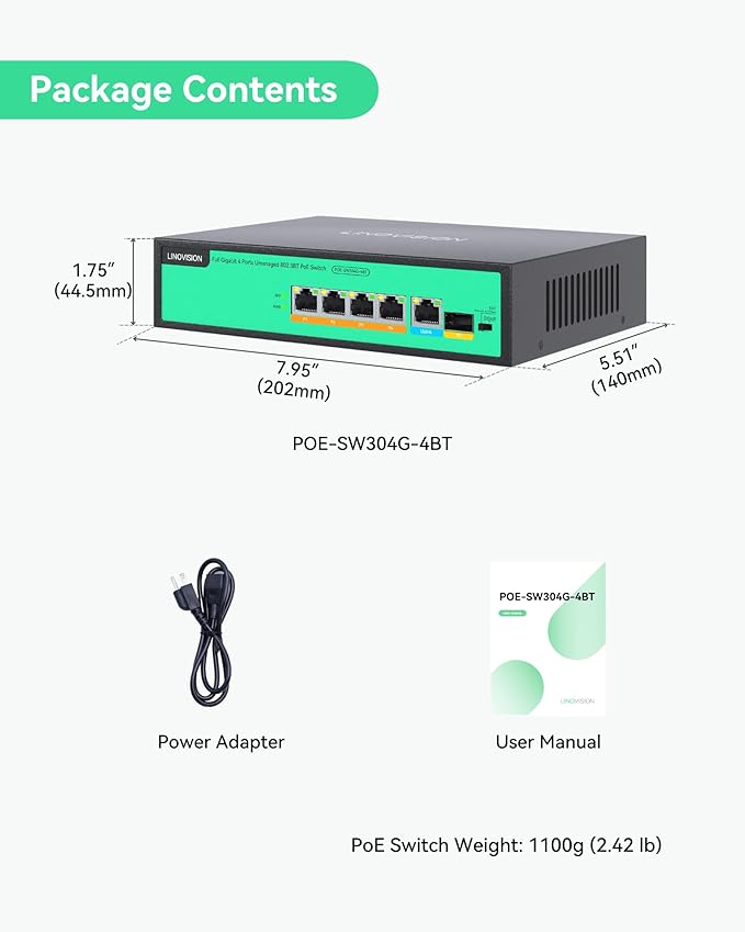 LINOVISION 4 Ports Full Gigabit PoE++ Switch, Built-in 96W Power, All 4 Ports - Image 9
