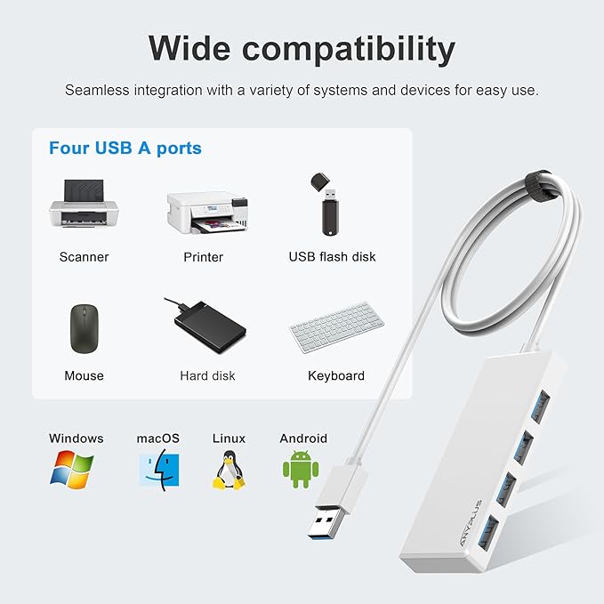 USB Hub, 2 ft Long Cable USB 3.0 Hub, USB Extender - Image 7