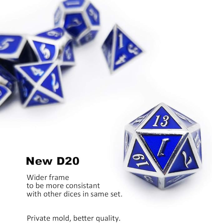 Haxtec Metal Dice Set D&D Silver Navy Blue Metal Polyhedral DND Dice - Image 4