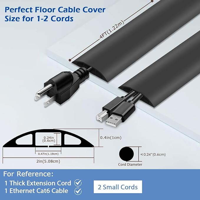 4ft Floor Cord Cover, Cord Hider Floor Black, Extension Cable Cover Power Cord - Image 2