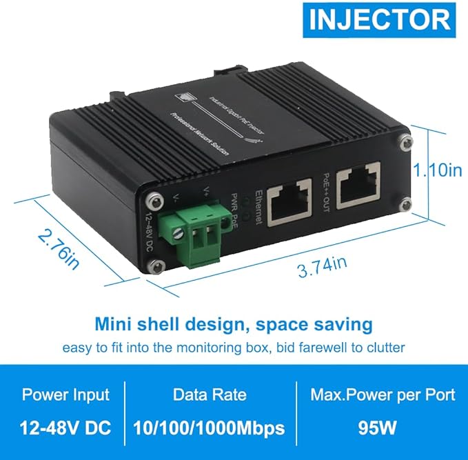 Industrial PoE++ Gigabit Injector 12-48VDC Input - Image 2