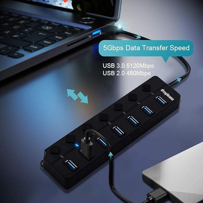 7-Port USB 3.0 Hub with Individual Power Switches and Lights, High-Speed Data - Image 3