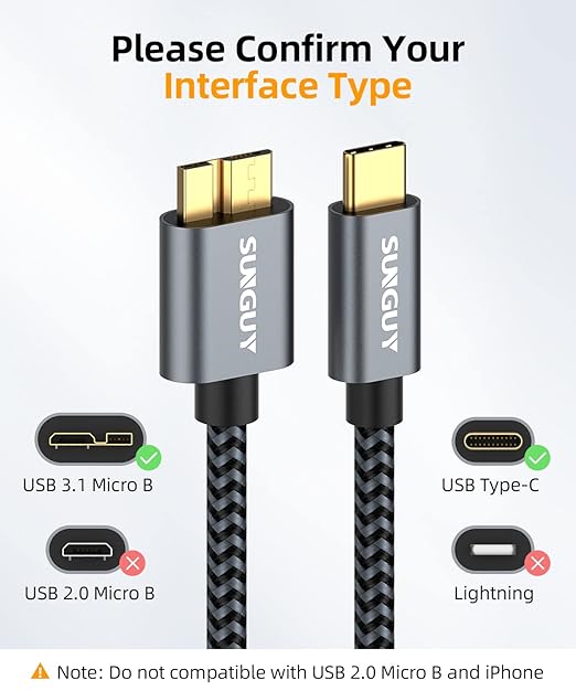 SUNGUY 10Gbps Micro B to USB C Hard Drive Cable 3FT, USB 3.1 USB C to Micro B - Image 3