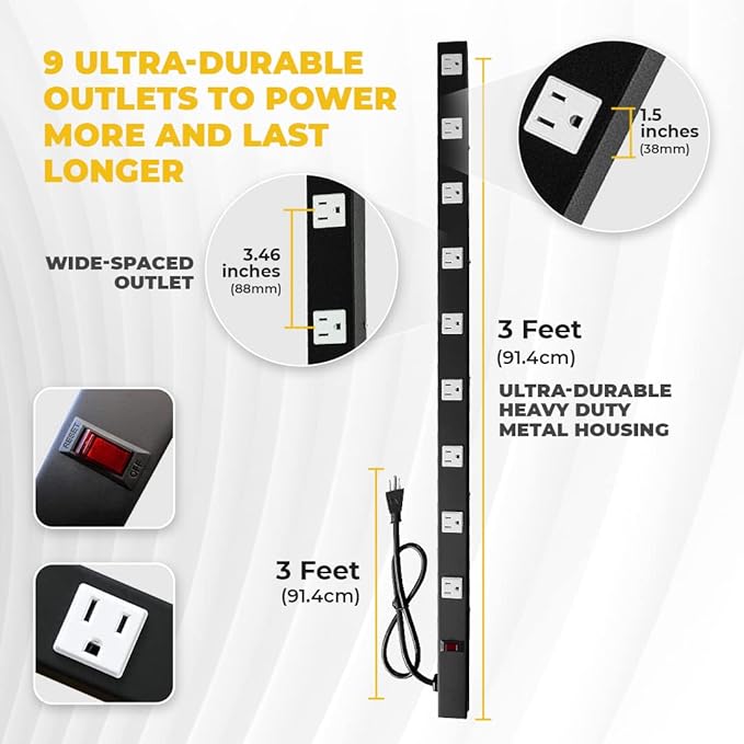 9 Outlets 3 Feet Power Cord 3 Feet Body Opentron OT3093 Heavy Duty Metal Surge - Image 2