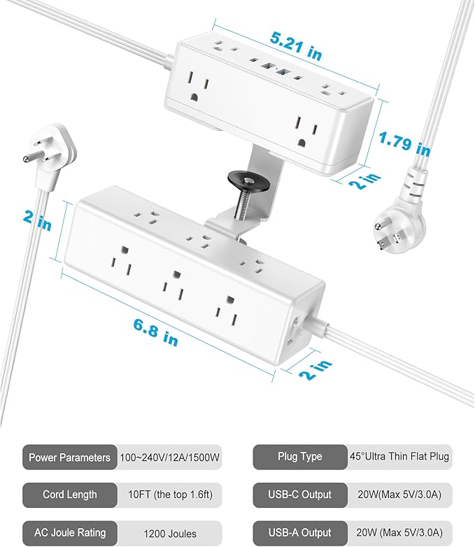 Dual Layer Desk Clamp Power Strip, Desktop Edge Mount Surge Protector - Image 7