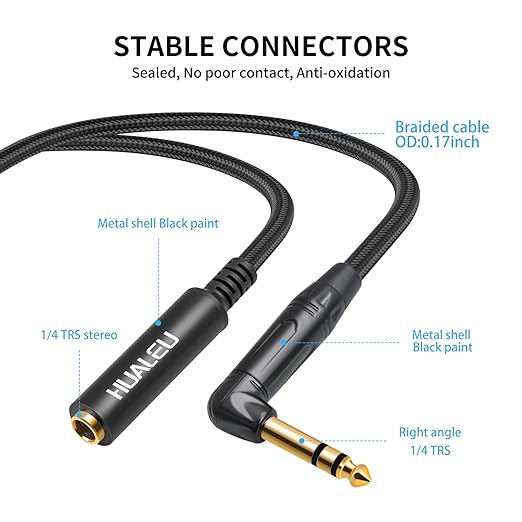 HUAELU 2Pack 6FT Right Angle 6.35mm TRS Stereo Male to Female Audio Cable - Image 2