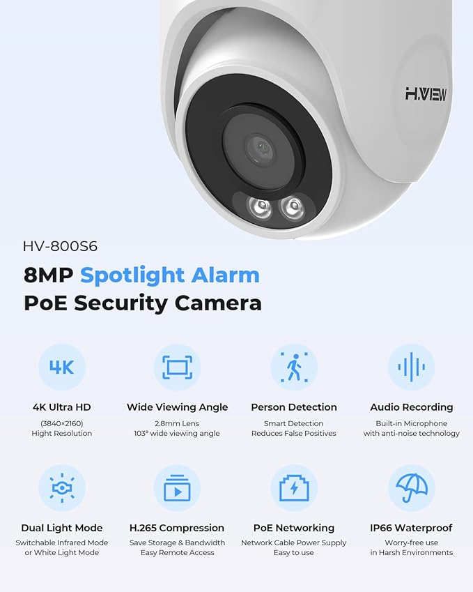 H.VIEW 4K 16 Channel Security Camera System 16Pcs CCTV Camera kit PoE 8MP - Image 2