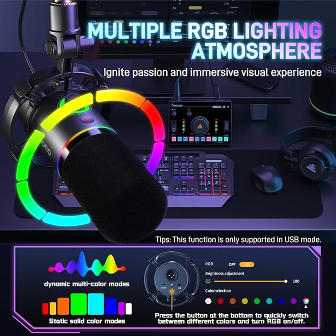 MAONO XLR/USB Dynamic Microphone, RGB Gaming Mic - Image 4