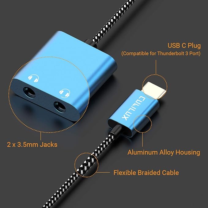 Cubilux USB C Dual Headphones Adapter, Type C to Double 3.5mm Earphone Audio - Image 8