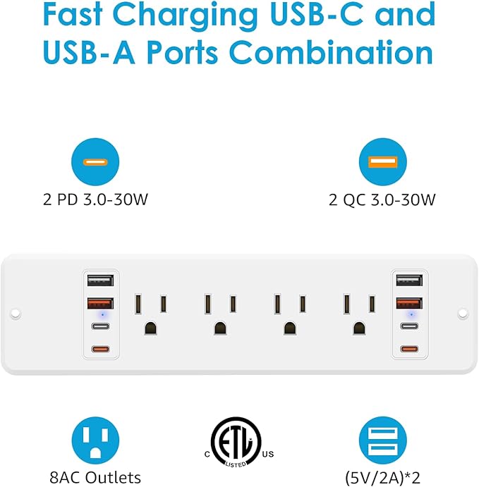 HHSOET 16 in 1 Recessed Power Strip Flat Plug, 30W Fast Charging Furniture - Image 4