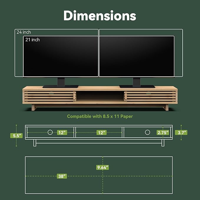 Dual Monitor Stand Riser with Sliding Door, Double Computer Laptop Stand Desk - Image 5