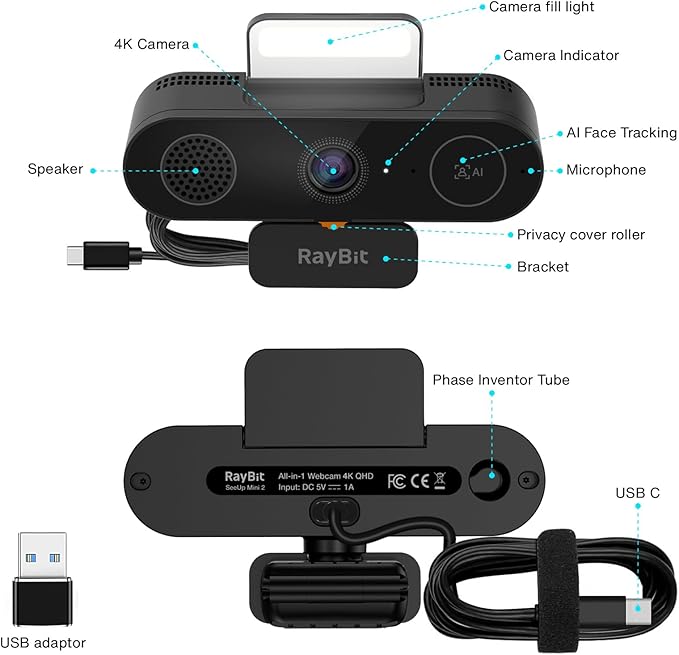 5-in-1 Design 4K Webcam with Speaker and Microphone, Built-in Light, Privacy - Image 7