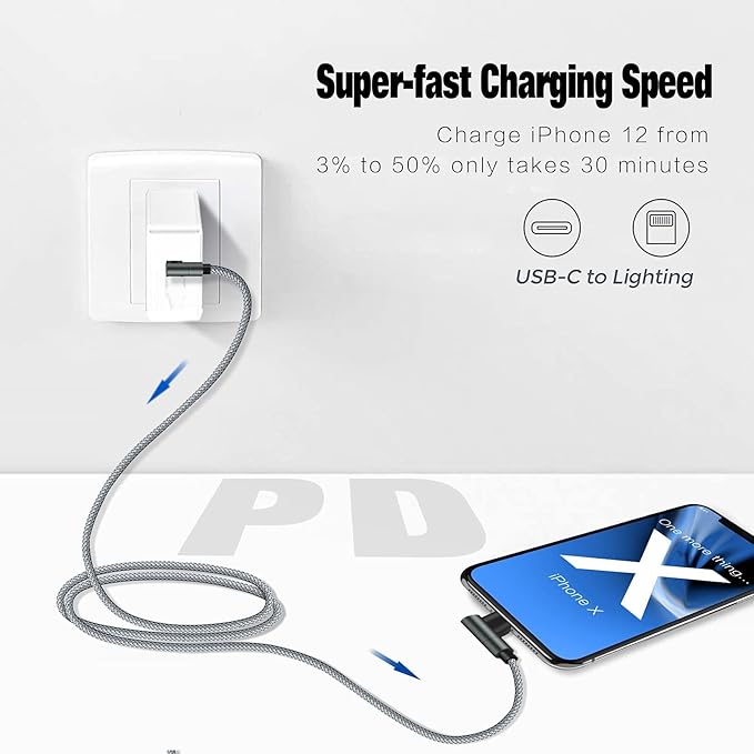 USB C to Lightning Cable 10FT MFi Certified 90 Degree iPhone Fast Charger Nylon - Image 2