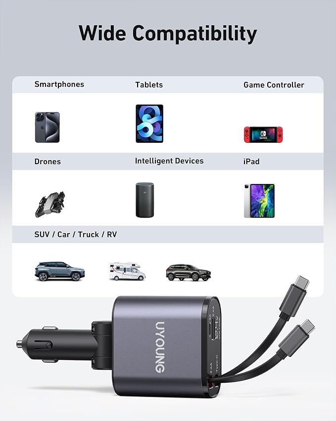 Retractable 4 in 1 Fast Car Charger - 30W Dual USB Type C - Image 7